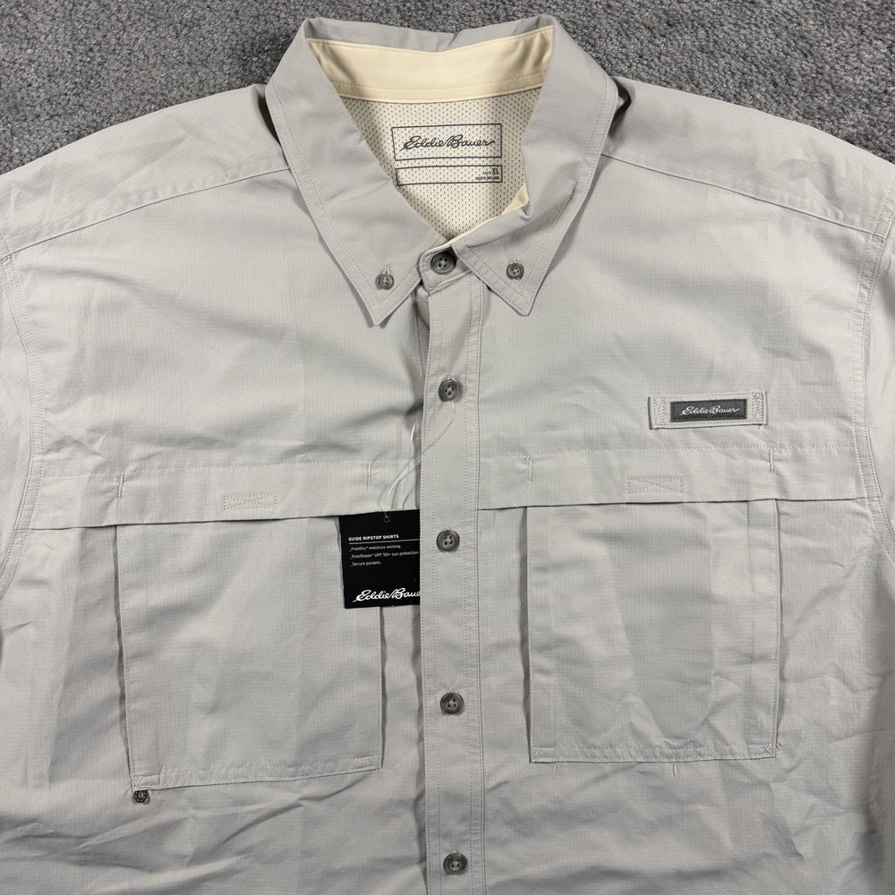Eddie Bauer Mens XL Guide Ripstop Shirt Short Sleeve Light Gray UPF 50+ NEW